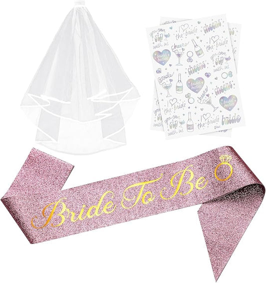 Glitter Bride to Be Sash Set – Glitter Sash, Plain Veil & Temporary Tattoos – Bridal Shower Hen Night Bachelorette Party Accessories