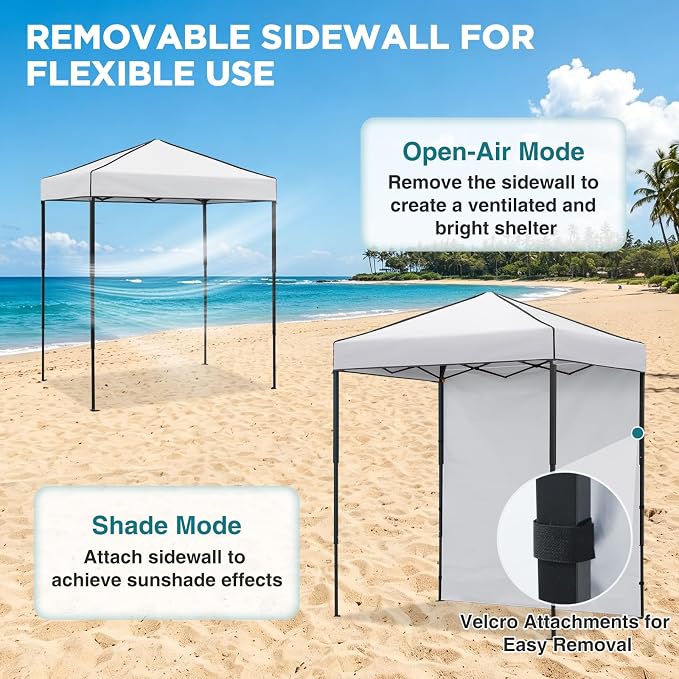 EAGLE PEAK 6x4 Instant Pop Up Canopy Tent with 1 Side Wall Panel, Straight Leg Sun Shelter, Portable Canopy with Carry Bag for Camping, Beach & Sports, White