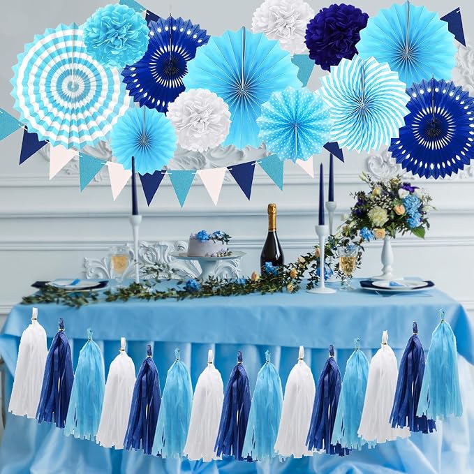 Blue Party Decorations Birthday Paper Fan Baby Shower Tissue Pom Poms Streamers Bachelorette Party Supplies Tassel Garland Banner Wedding Decor