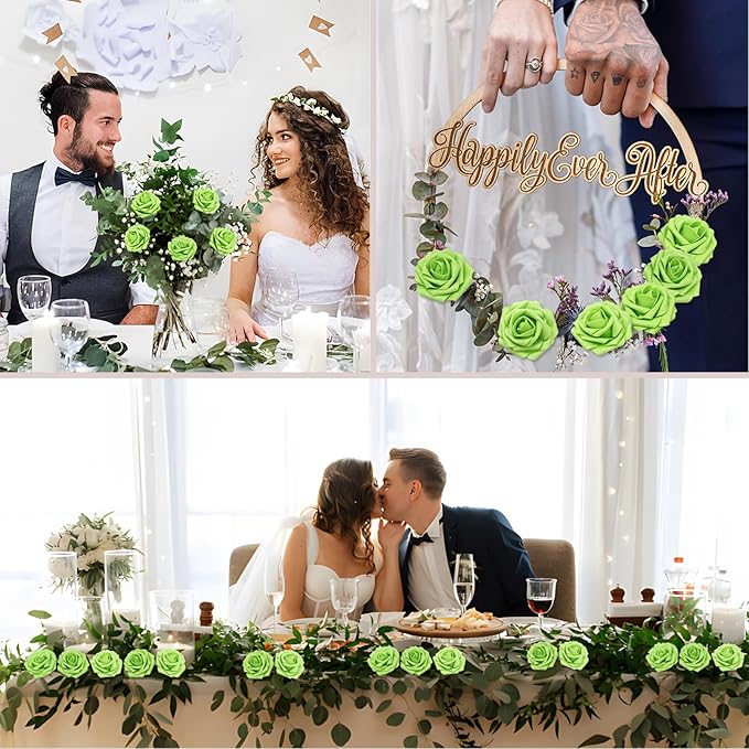 Artificial Flowers 50 Pcs Green Roses Real Looking Foam Fake Roses with Leaves for DIY Wedding Bouquets Bridal Shower Centerpieces Party Decorations (Green, 50)