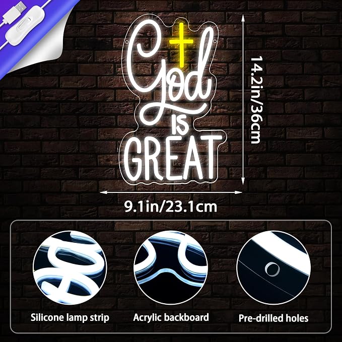God Is Great Neon Sign for Wall Decor God Neon Light for Church Cross Led Light Up Sign for Prayer Room Bedroom Coffee Gifts for Christian Pastor Family Size14.2 * 9.1Inches(JTD276)
