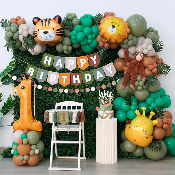 Wild One Birthday Decorations for Boys Balloons Arch Kit Jungle Theme 1st Party Banner First Safari Themes Zoo One Year Old Baby Boy