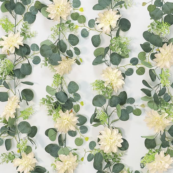 Dremisland Artificial Flower Garland 2 Pack 12Ft Champagne Dahlia Flower Vines Hanging Floral Eucalyptus Greenery Garland Decoration for Wedding Arch Bedroom Home Wall Backdrop Room Decor