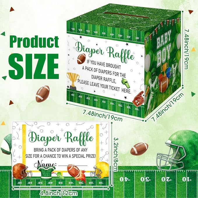 Teling 51 Pieces Diaper Raffle Tickets with Card Baby Shower Decorations Gender Reveal Holder Box for Girl Boy Diaper Raffle Party (Football Touch Down It's A Boy)