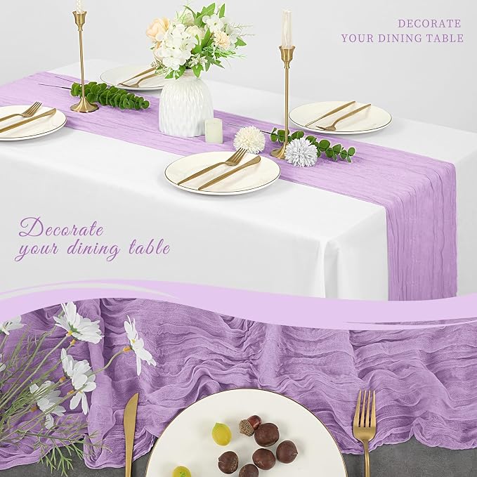 10 Pack Cheesecloth Table Runner 17 x 108 inch Long Boho Gauze Table Runners Semi Sheer Table Runner for Wedding Decor, Baby Shower, Birthday Party, Banquet (Lavender)