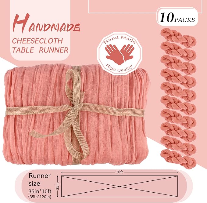 10 Packs Cheesecloth Table Runner - Peach Coral, 10Ft x 35" Rustic Gauze Boho Wedding Table Runner Decoration for Wedding Party Bridal Shower