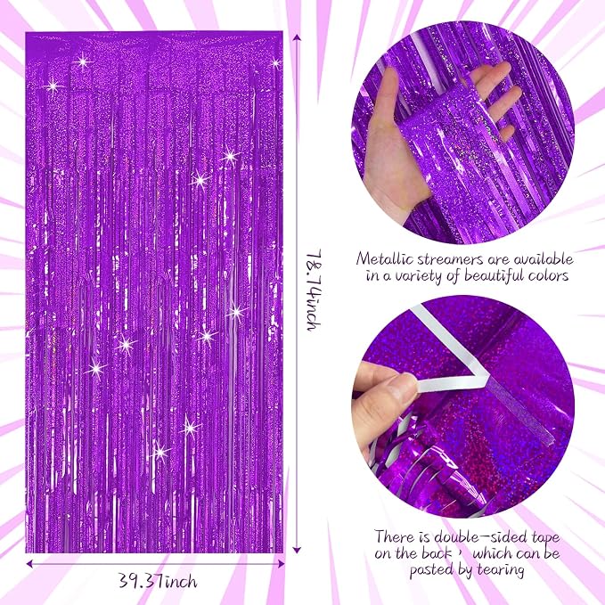 Tinsel Curtain Party Backdrop Purple Birthday Party Decorations 2 Packs Glitter Foil Fringe Curtain Decor Streamers Photo Booth for Birthday Christmas Wedding Halloween Graduation