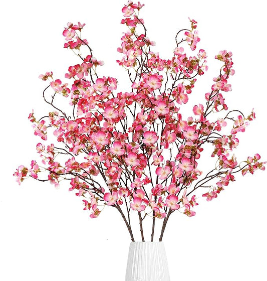 Sggvecsy Artificial Cherry Blossom Flowers 4 Pcs Faux Cherry Blossom Stems Faux Silk Cherry Blossom Branches 41’’ Fake Flowers Long Stems for Vase Arrangements Home Wedding Table Decor (Rose red)