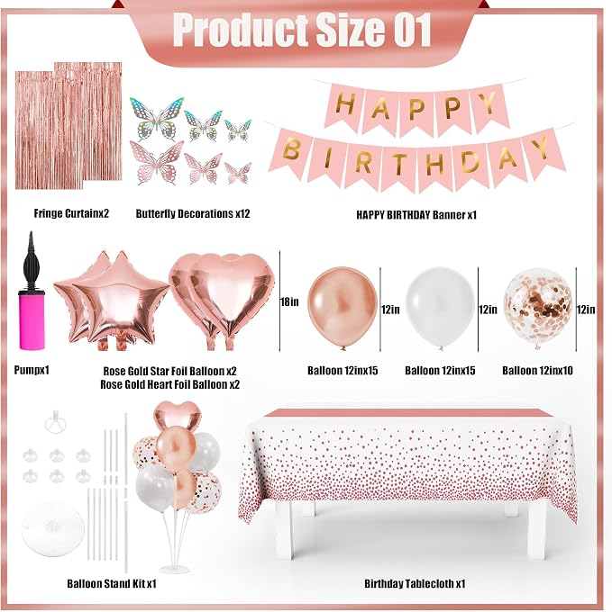 Birthday Decorations for Women or Girl,Rose Gold Balloons Birthday Decorations for Girl Kit Disposable Dinnerware Set with 25 Guest,Banner Balloon,Tiara,Sash,Pump,Photo Props and Butterfly Decorations