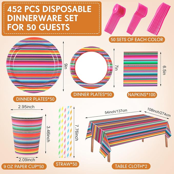 Funnymoom 452 Pcs Cinco De Mayo Party Decoration for 50 Guest, Mexican Serape Paper Plates Napkins Cups Tablecloth Cutlery Straws Fiesta Disposable Tableware Set for Mexico Birthday Party Supplies