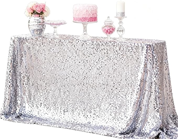 ShiDianYi Silver Sequin Tablecloth 50x72, Sparkly Glitter for Wedding Party | Full Dense Sequin, Serged Edges No Falling, Seamless Mesh, for 4FT Table, Wedding Birthday Outdoor Christmas
