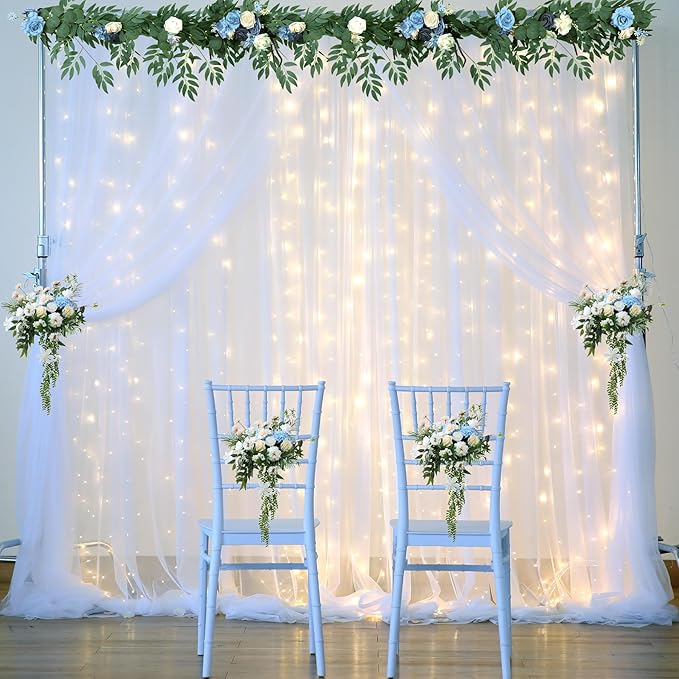 10×12ft White Tulle Backdrop Curtain with Lights String for Parites Sheer Fabric Backdrop Curtains White Curtain Backdrop for Wedding Baby Shower Birthday Party Bridal Shower Photo Shoot Background