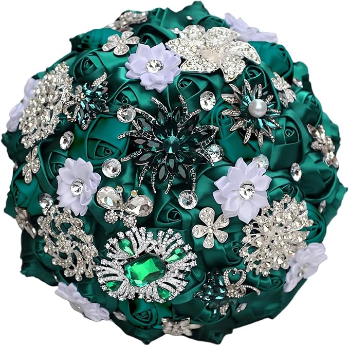 Bridal Wedding Bouquet with Luxury Rhinestone Green Brooch Bling Bouquet for Bride Bridesmaid Quinceanera Satin Rose Flower Bouquet Wedding Emerald Green 8.3in