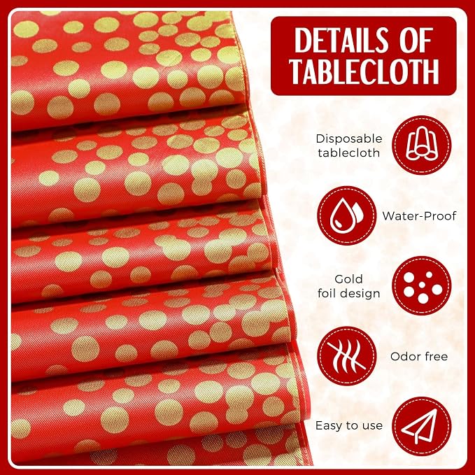 Tudomro 16 Pcs Red and Gold Disposable Plastic Tablecloths and Satin Table Runner Set 54x108 Inch Tablecloth 12x108 Inch Table Runners for New Year Wedding Birthday Baby Shower Graduation