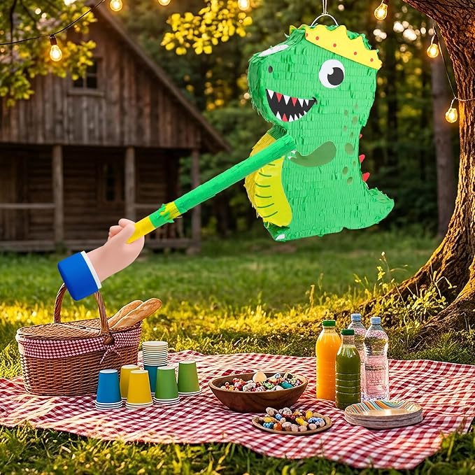 Dinosaur Birthday Party Favors Piñata Set Dino Decoration with Blindfold and Baton, 16 * 12 * 3 Inches, Dragon Pinata Green