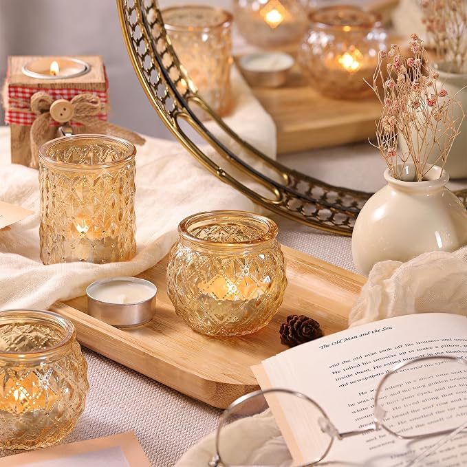 DARJEN 12Pcs Gold Votive Candle Holders - Glass Candle Holder for Table Centerpiece, Tea Light Candle Holders Glass for Wedding Shower, Home & Tea Party Decor