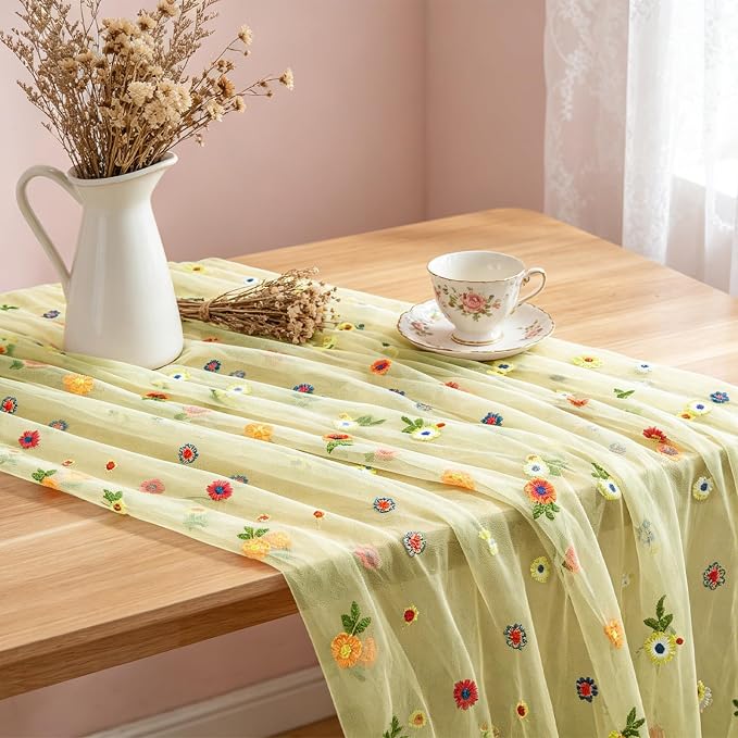BINBE 3pcs Daisy Spring Table Runner Embroidery Gauze 10FT Florals Seasonal Tulle Holiday Birthday Kitchen Dining Table Decor for Home Party Green