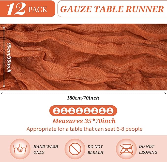 12 Pack Cheesecloth Table Runner 35 x 72 inch Long Boho Cheese Cloth Table Runner Semi Sheer Gauze Table Runner for Wedding Decor, Bridal Shower, Birthday Party (Terracotta)