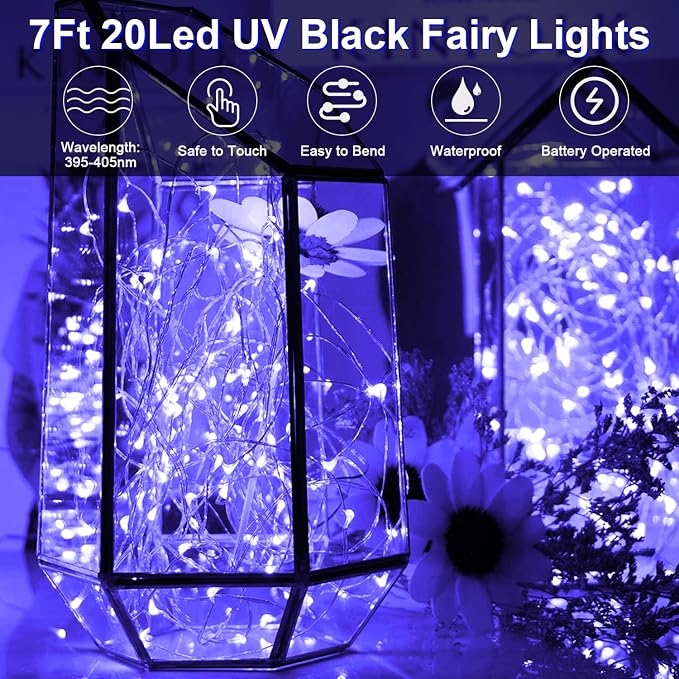 6 Pack Black Light Fairy Lights Battery Operated UV Black String Lights Waterproof Silver Wire 7 Ft 20 Led Firefly Starry Moon Lights for DIY Glow Party Body Paint Halloween Décor