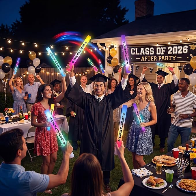 Huquary 50 Pcs Graduation Party Favors LED Foam Light up Sticks Bulk, Glow in The Dark Graduation Party Supplies with 3 Modes Colorful Flashing for Congratulation Grad Celebration Decoration(Black)