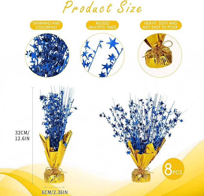 8 Pack Metallic Star Spray Centerpieces for Tables - Bulk 12.4" Foil Fountain Table Decorations for Large Events, Graduation 2026, Wedding Reception (Glod Blue)
