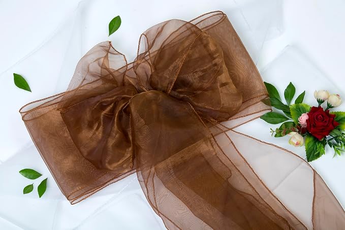 MDS® Pack of 50 Organza Chair Sashes for Wedding Decoration, Reusable Sheer Chair Bows for Banquet Chair Cover, Reception, Bridal Shower, Baby Shower, Birthday Party & Special Events - Coffee