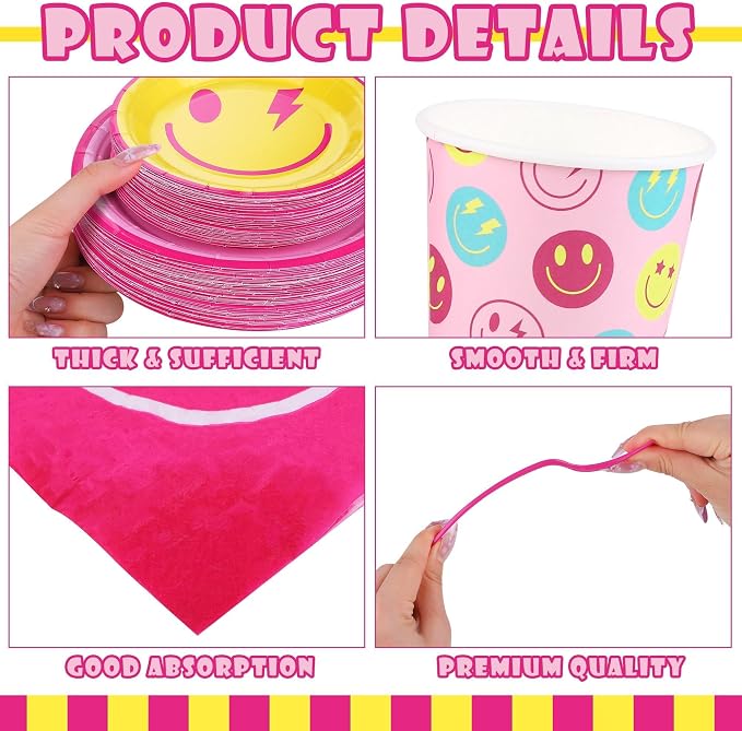 Kochorie 400 Pieces Preppy Smiley Face Party Tableware Set Paper Smile Face Plates Napkins Paper Cups Cutlery for Preppy Birthday Party Decorations Baby Shower Decor, Serve 50 Guest