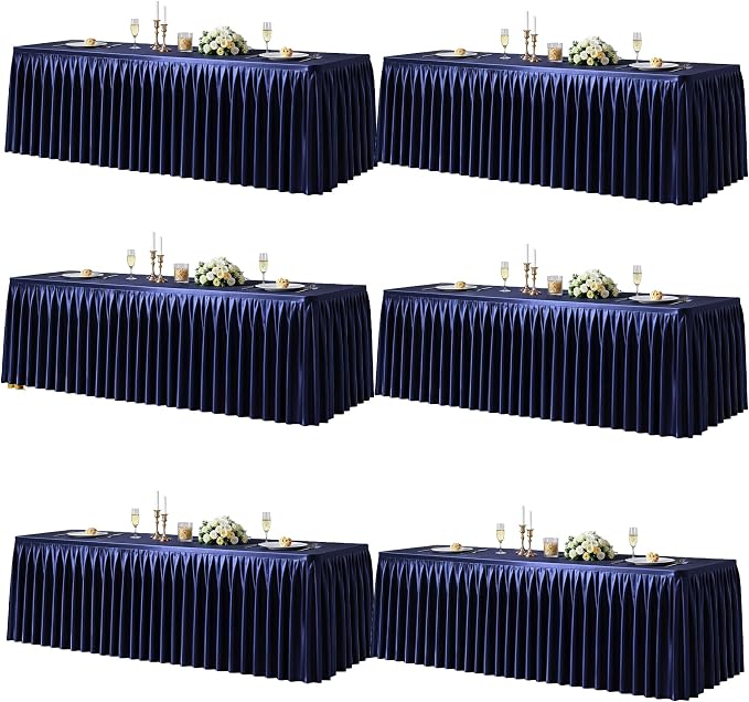 6 Packs Navy Blue Satin Tablecloths Rectangle 6FT, Glitter Fitted Stretch Table Covers Wrinkle-Free Floor Length Shimmer Table Skirt for Weddings Parties Baby Shower Banquets Vendor Events