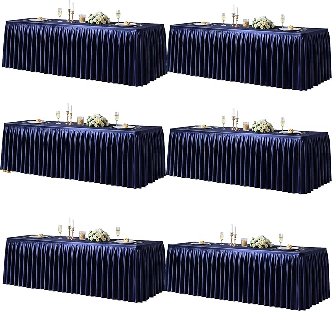6 Packs Navy Blue Satin Tablecloths Rectangle 8FT, Glitter Spandex Fitted Stretch Table Covers Wrinkle-Free Floor Length Shimmer Table Skirt for Weddings Parties Baby Shower Banquets Vendor Events