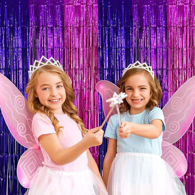 2 Pack Purple Pink Foil Fringe Curtains Streamers Backdrop for Music Themed Party Decorations, Girls Butterfly Birthday Party Decorations Supplies