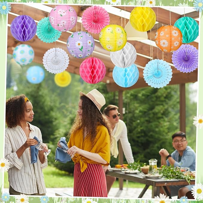 Baquler 18 Pcs Spring Daisy Party Decoration Pastel Flower Floral Hanging Paper Lantern Wild Fans Honeycomb Ball for Wedding Bridal Shower Party Ceiling Decor Supplies