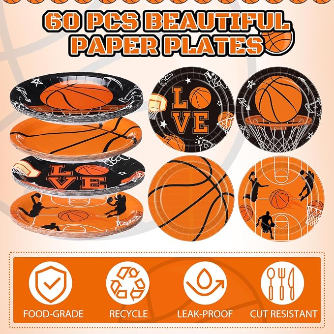 Funnymoom 60 Pcs Basketball Paper Plates 9 Inch Sports Theme Birthday Disposable Plates for Adults Basketball Birthday Team Party Decorations Supplies