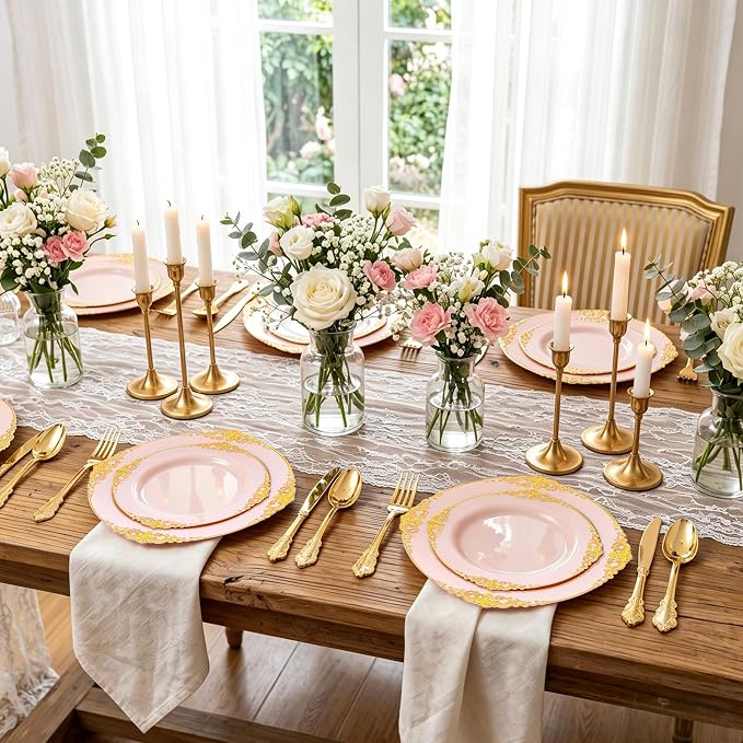 125PCS Pink and Gold Plastic Plates - Pink Disposable Plates - Vintage Plate with Gold Plastic Silverware Set for 25 Guests for Weddings Baby Shower Parties