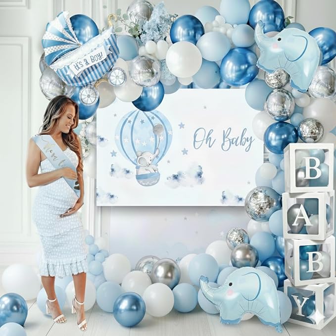 Vidal Crafts 139 PCs Elephant Baby Shower Decorations Boy, Themed Baby Boy Shower Decorations, Complete Party Kit with Elephant Backdrop, Balloon Garland, BABY Boxes & Mom to Be Sash