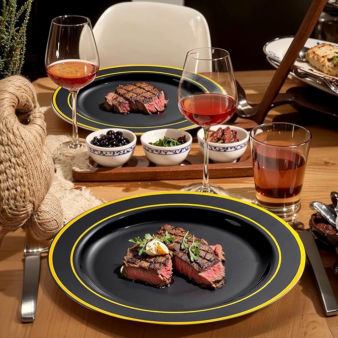 bUCLA 300PCS Black and Gold Disposable Dinnerware Set - 50 Guests Black Plastic Plates with Gold Rim Include 50 Dinner / 50 Dessert Plates, 50 Forks,50 Knives,50 Spoons&50 Cups for Party&Graduation