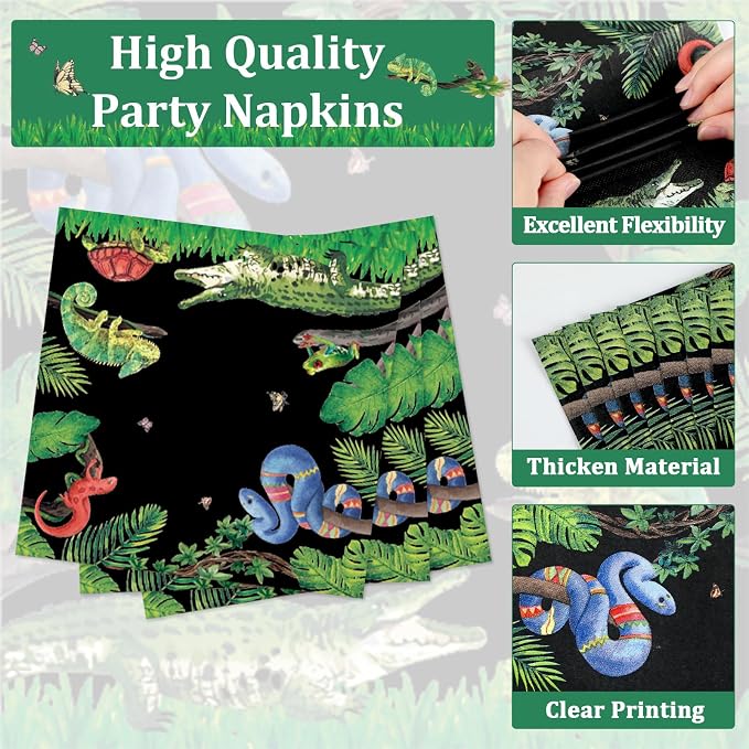 50 Guests Reptile Snake Party Plates and Napkins Party Supplies Jungle Swamp Snake Turtle Birthday Party Decorations Disposable Tableware Set Lizard Baby Shower Dinnerware Favor for Kids, 200PCS