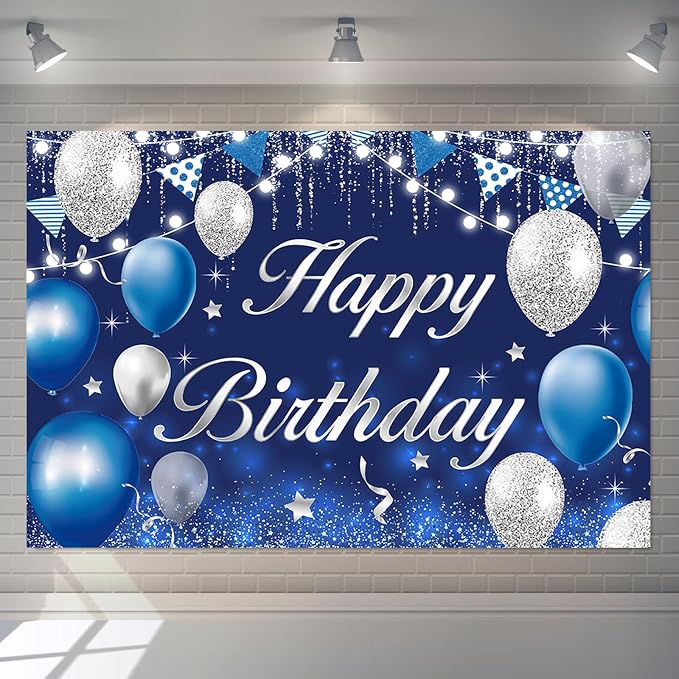 Happy Birthday Backdrop for Men Boys Navy Blue and Silver Birthday Banner Decorations for Women Girls Party Background Supplies Glitter Indoor Outdoor Photo Booth Props Polyester Fabric 7x5ft