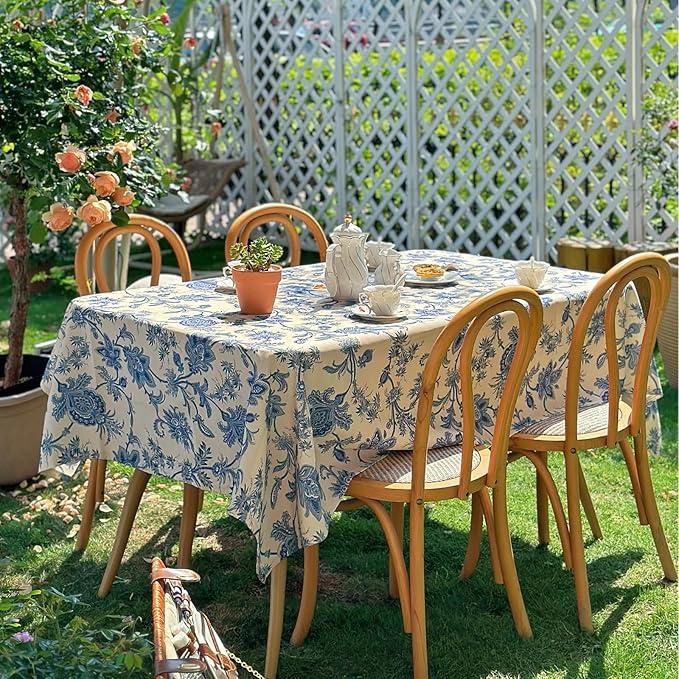 Outdoor Square Tablecloth 60 x 60 Inch, Blue Floral Spillproof Table Cloth, Thick Fabric Dining Table Cover for Outdoor, Easter, Picnic, Farmhouse, Wedding, Spring Summer - Blue Flower