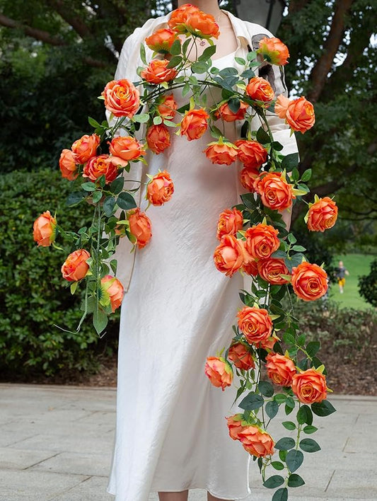 2Pcs 12Ft Bendable Artificial Flower Garland Faux Rose Vine Hanging Floral Garland for Wall Decor Trellis Fence Home Room Garden Wedding Decoration(Orange, 2pcs)