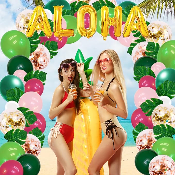 UJOYANT 323 Luau Party Decorations, Hawaiian Party Decorations Kit For Adults - "ALOHA"&"HAPPY BIRTHDAY" Banner, Balloons, Cake Topper, Straws, Table Skirt, Dinnerware Set For 25 Guests