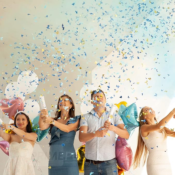 PrimePure Gender Reveal Confetti Cannon - Butterfly Confetti Popper & Biodegradable Powder Cannon - Blue, 4 Pack - Baby Boy Gender Reveal Smoke Bombs Baby Powder Blue Paper Party Poppers