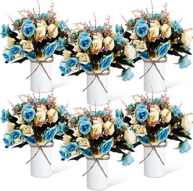 Domensi 6 Sets Wedding Centerpiece for Table Artificial Rose with Vase Fake Bouquets and Metal Pot Flower Arrangements for Bridal Shower Birthday Party Event Table Decor (Teal)