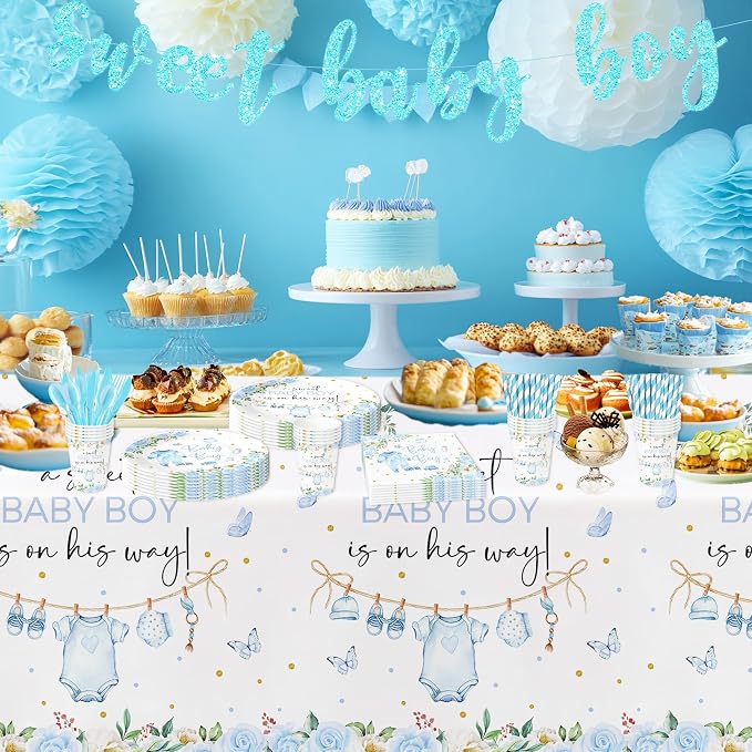 Srua Don Baby Boy Baby Shower Decorations, Blue Floral Sweet Baby Boy Party Supplies, Plate, Napkin, Cup, Tablecloth, Banner, Swirls, Cutlery, Boy Gender Reveal Table Decorations, Serves 24