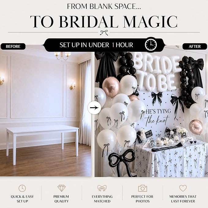 325 Pc Black Bow Bridal Shower Decorations Set - She’s Tying the Knot Bridal Shower Decorations with Black Bow Balloons, Backdrop, Bride to Be Banner - Elegant Bachelorette Party Decor Kit