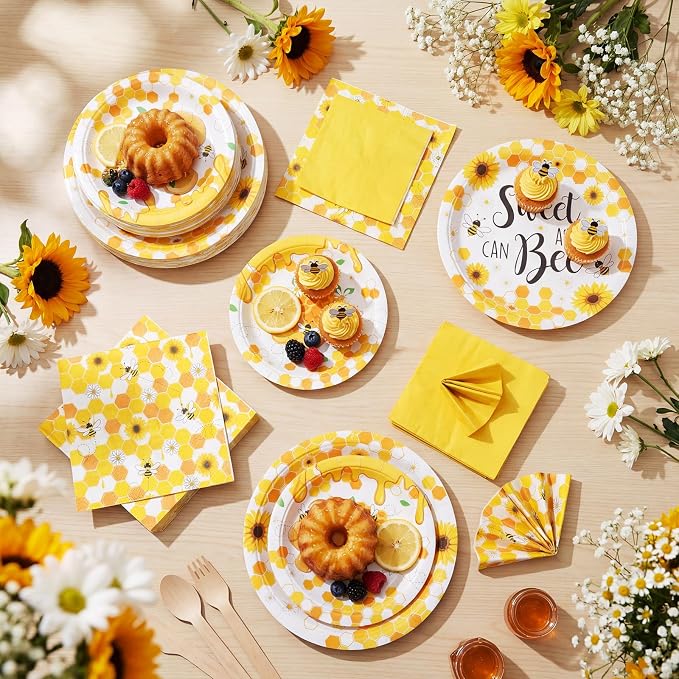 Funnymoom 200 Pcs Honey Bee Party Supplies Sweet as Can Bee Disposable Paper Dinner Plates Dessert Plates Napkins for Baby Shower Birthday Gender Reveal Party Decoration Serves 50 Guests