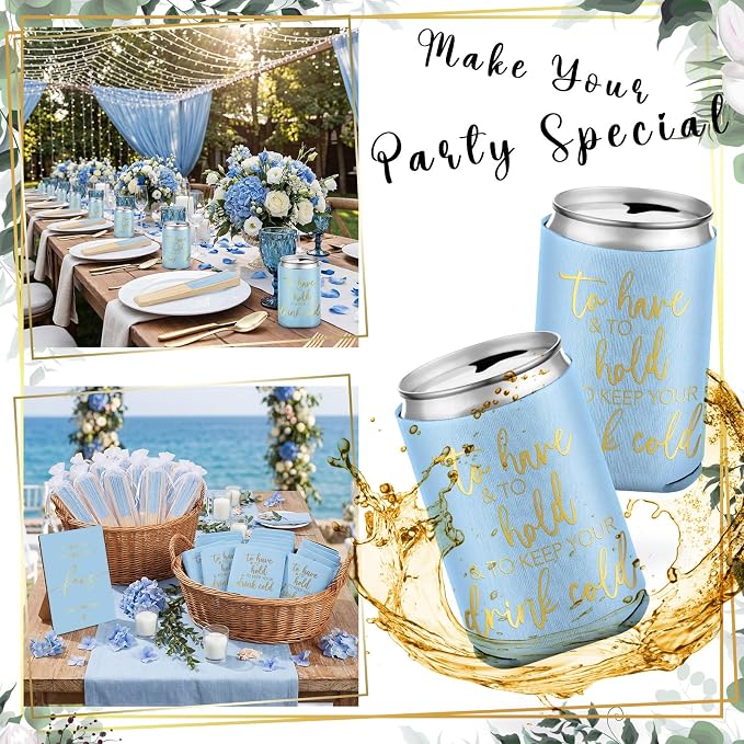Hoteam 25 Sets Wedding Party Favors for Guests Bulk Including Can Cooler and Paper Folding Fans with Wedding Decor Table Sign Cheers to Love for Bridal Shower Party Souvenir(Classical,Blue)