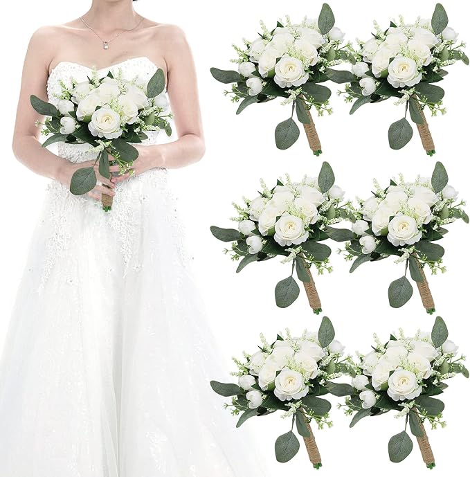 Set of 6 Bridesmaid Bouquets for Wedding - 7 Inch Artificial Ivory Flower Bouquet for Party Ceremony Anniversary Dinning Table Centerpieces Decor - Ivory