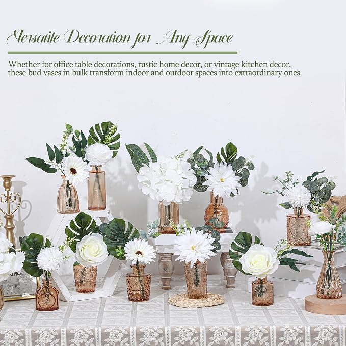 FoldTier 108 Pcs Artificial Flowers in Vase 96 Pcs Faux Greenery Stem Table Centerpiece Fake Plants Silk Roses Arrangement 12 Pcs Glass Vase Sets for Wedding Bathroom Home Dining Decor(Champagne)