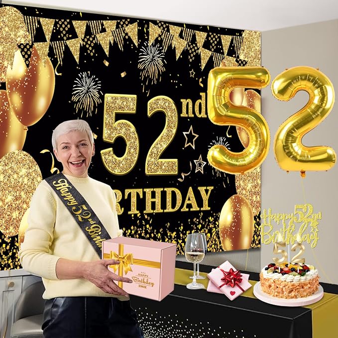 52nd Birthday Decorations Men Women with 52nd Birthday Banner, Black and Gold Table Cloth, Number Balloons, Large Sash, Cake Topper and Candles