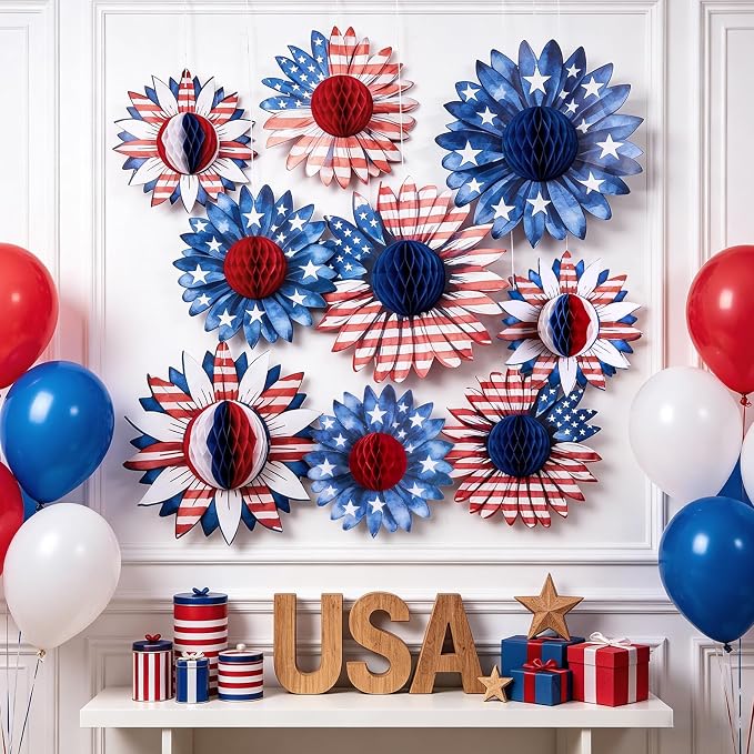 SUNBEAUTY 4th of July Patriotic Decorations Red White Blue Hanging Honeycomb Balls Independence Day Paper Honeycomb Flower for Memorial Day USA Flag Veterans 250th Anniversary Party Supplies